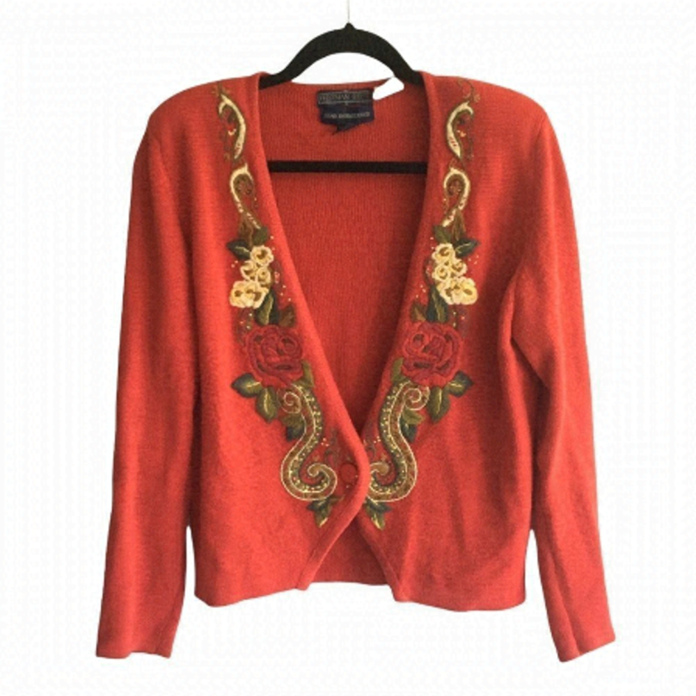 VINTAGE HERMAN GEIST Hand Floral Embroidered Embellished Cardigan Sweater Red S